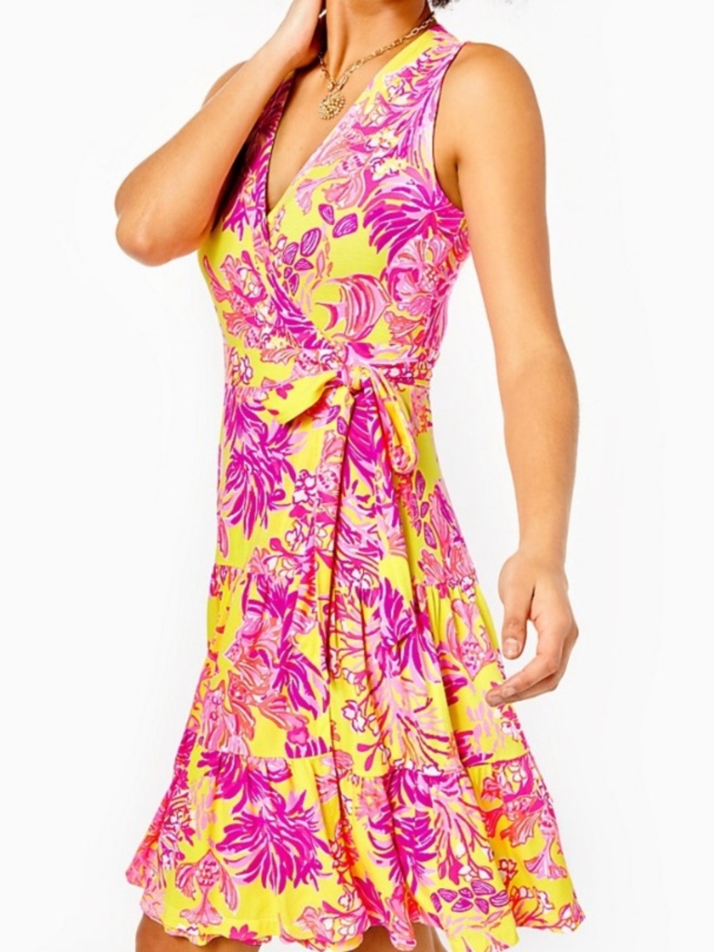 Lilly Pulitzer Folly Floral Wrap Dress Calla Yellow Floral Coral Sz M